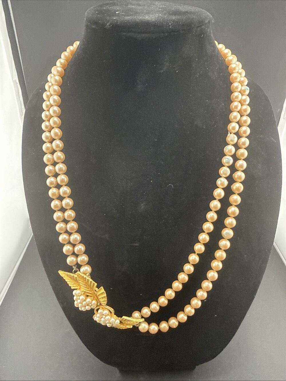 Vintage CELEBRITY NY Double Strand Faux Pearls & Rhinestone Necklace Gold Tone